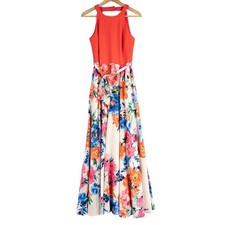 Eliza J Maxi Dress Gown Sz 6 Multicolor Floral Tie Belt Sleeveless Party Wedding