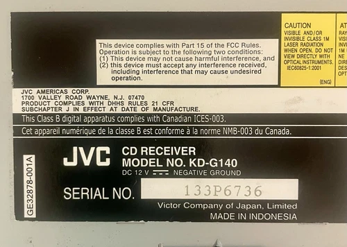 Reproductor de CD estéreo para automóvil JVC KD-G140 AM/FM AUX - probado - Imagen 10 de 13