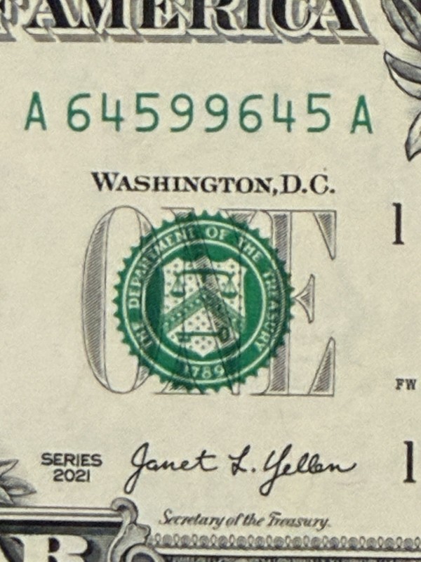 3 Digit Bookends, Near Radar UNC $1 One Dollar, Fancy Serial Number 64599645