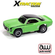 AUTO WORLD XTRACTION 1969 CHEVY CAMARO NEON GREEN BLACK HO SCALE SLOT CAR