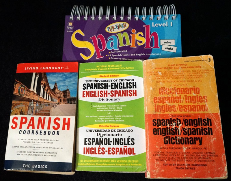 Group of Spanish English learning books, dictionary fun loved but useful