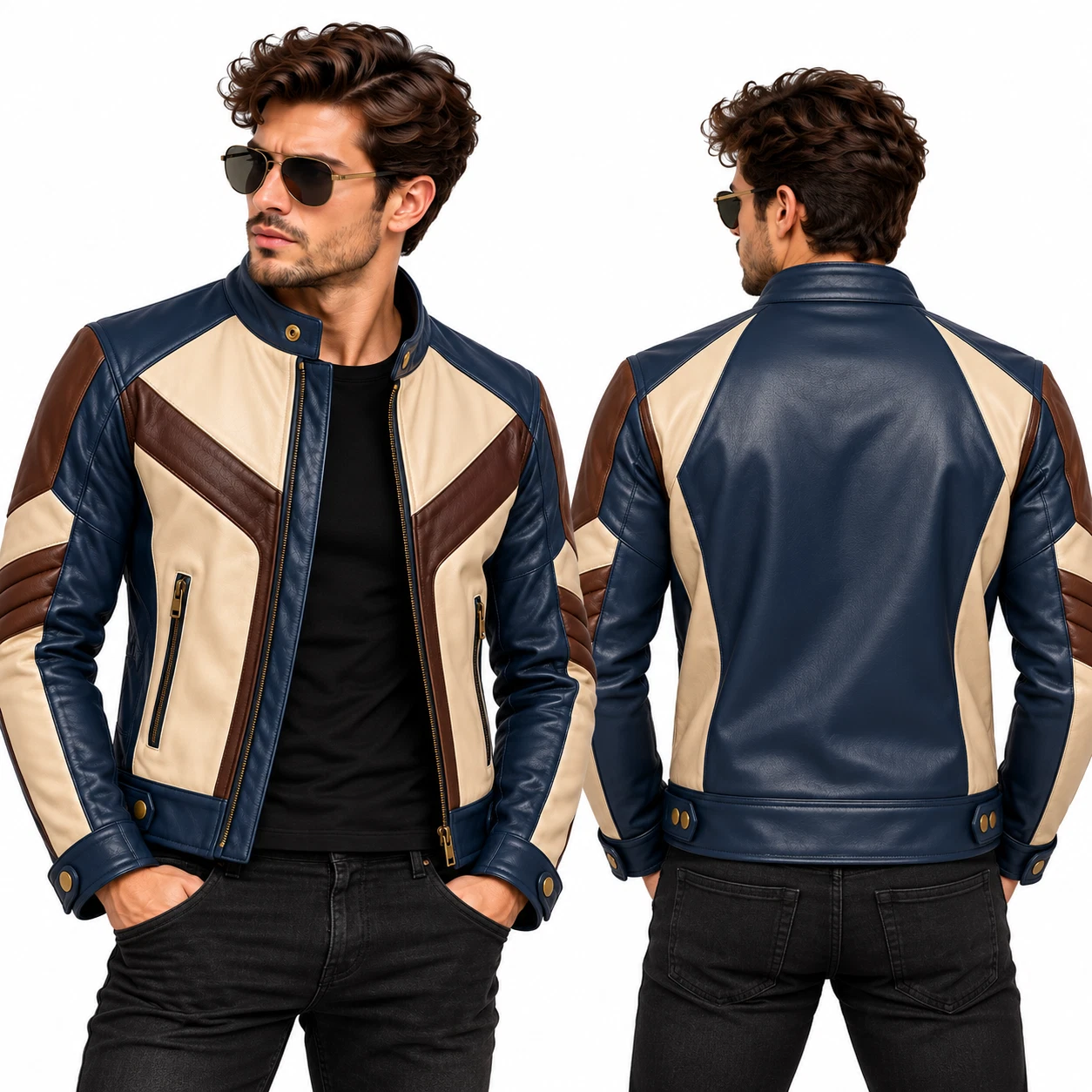 Mens Lambskin Leather Biker Jacket Navy Blue Brown Cream Cafe Racer Motorcycle - product detail image 4