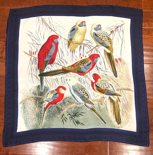 Vintage 1980s 90s Perry Ellis Colorful Parrots Silk Scarf Blue Border 35" x 35"