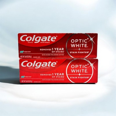 2X Colgate OPTIC WHITE STAIN FIGHTER Toothpaste Fresh Mint Gel, 3.8oz ea X03/28