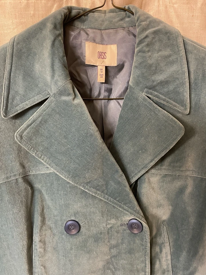 ВИНТАЖНЫЙ OASIS СИНИЙ БАРХАТ ДВОЙНОЙ ГРУДЬЮ ЖЕНЩИН SZ 8 С ПОДКЛАДКОЙ ДЛИНА ДО КОЛЕНА - Изображение 3 из 4