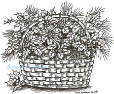 Christmas Holly  Pine Basket Wood Mounted Rubber Stamp Northwoods P8750 New