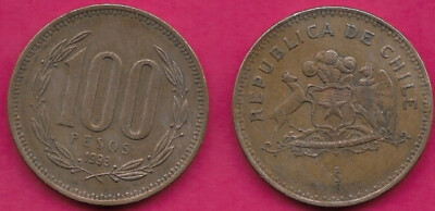 CHILE 100 PESOS 1993 NARROW DATE,EDGE LETTERING POR LA RAZON O LA FUERZA,DENOMIN