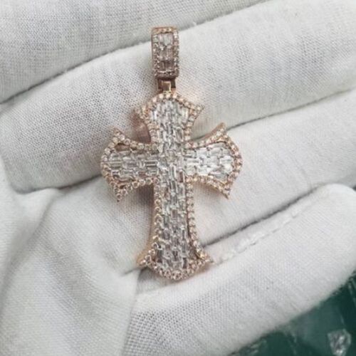 14K Rose Gold 1.80 Ct Diamond Cross Necklace, Natural Diamond Pendant - Picture 2 of 9