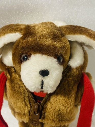 AVON BROWN PUPPY DOG PLUSH HOODIE JACKET RED STRIPED SHIRT 6” vintage - Picture 2 of 9