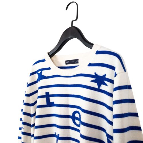 M&S White Blue Stripped Round Neck Pullover Tight Knit Jumper - Size 20 - Picture 14 of 19