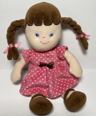 CARTERS Baby Girl Doll Plush Cloth Pink Polka Dot Dress Brown Braids  41349
