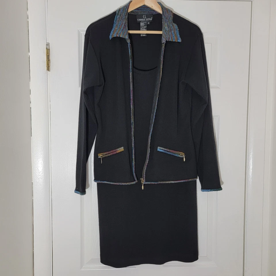 Conjunto de Vestido Chaqueta Tejida Mezcla Lana Pequeña Carole De Colección Negro Con Borde Multicolor M Foto 2 de 4