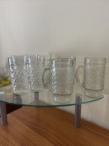 Set Of 8 Vintage Diamond Quilt Footed Handled Drinking Glass Tumbler 6"