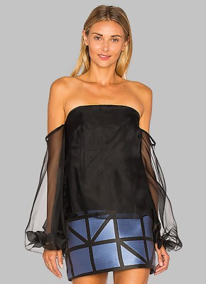 NEU MILLY Damen Gloria Schwarz Seide Schulterfrei Organza Bluse Top 34 S M $350