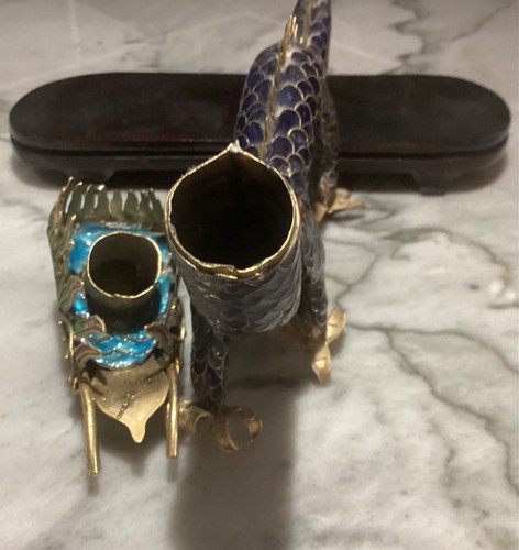 Vintage cloisonne dragon figurine sculpture on wood stand, moving head - Picture 5 of 6