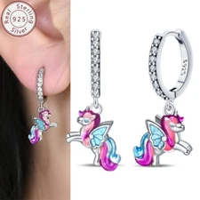 KUNSIR 925 Sterling Silver Rainbow Small Unicorn Dangle Hoop Earrings Women Gift