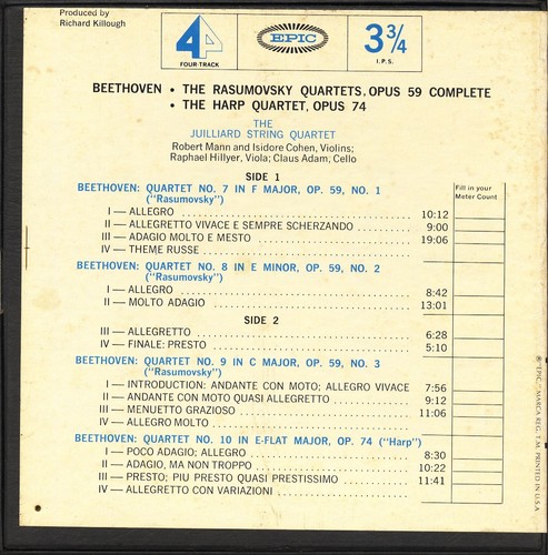 Juilliard Quartet "Beethoven: Rasumovsky Quartets / Harp" Epic 3¾ ips Reel Tape - Picture 2 of 3