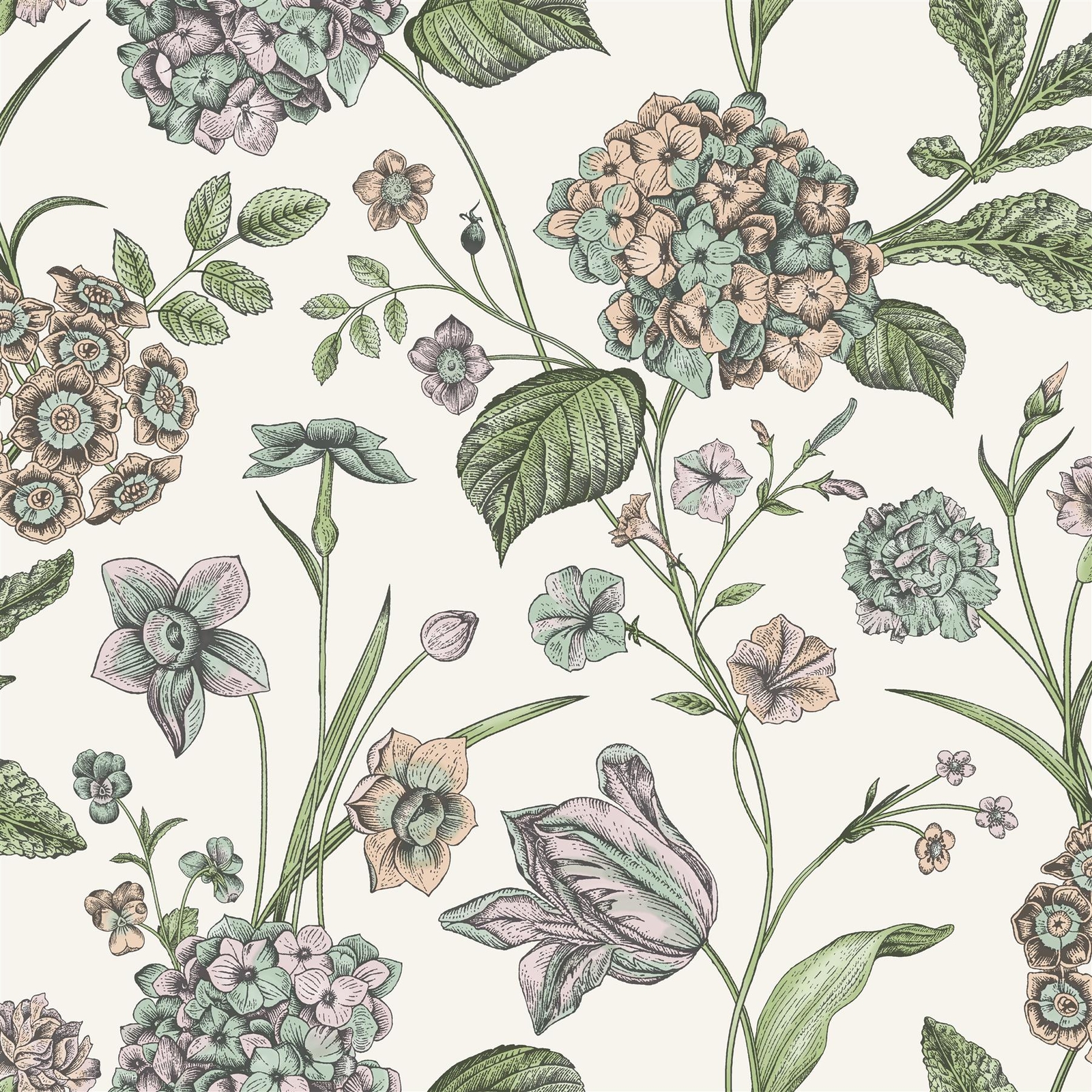 (Cream 260162) Hydrangea Floral Tulips Wildflower Leaf Wallpaper 5901638013880 - Image 2