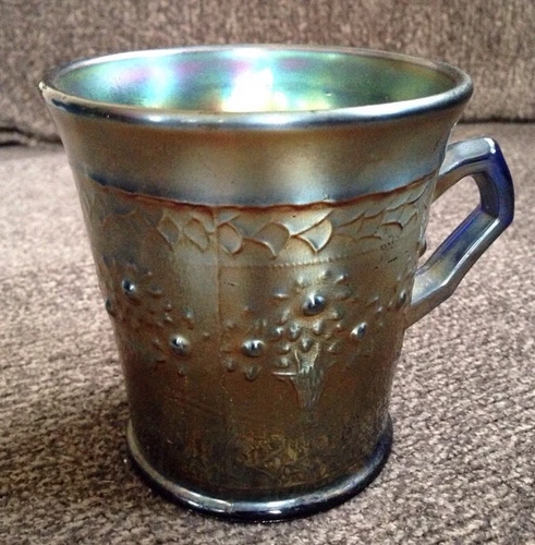 Vintage Fenton Orange Tree Carnival Glass Standard Mug Cobalt Blue Base 2.5"