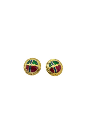 Conjunto de joyería pulsera y pendiente con clip dorado verde rojo y azul esmalte a cuadros - Imagen 4 de 5