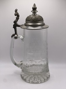 1979 Rastal Etched Glass Beer Stein, Pewter Lid, Floral Design, 17 oz (0.5l) Exc