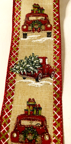 Christmas Red Truck 2.5" by 5 yd Wired Ribbon Snow Evergreen Trees Glitter Plaid - Picture 4 of 8