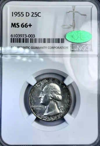 1955-D Silver Washington Quarter NGC MS66+ Verified CAC Green Bean Logo Sticker