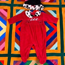 Vintage Disney 101 Dalmatians Red Velvet Fleece Sleeper w/ Hat Baby Girl 6/9mo