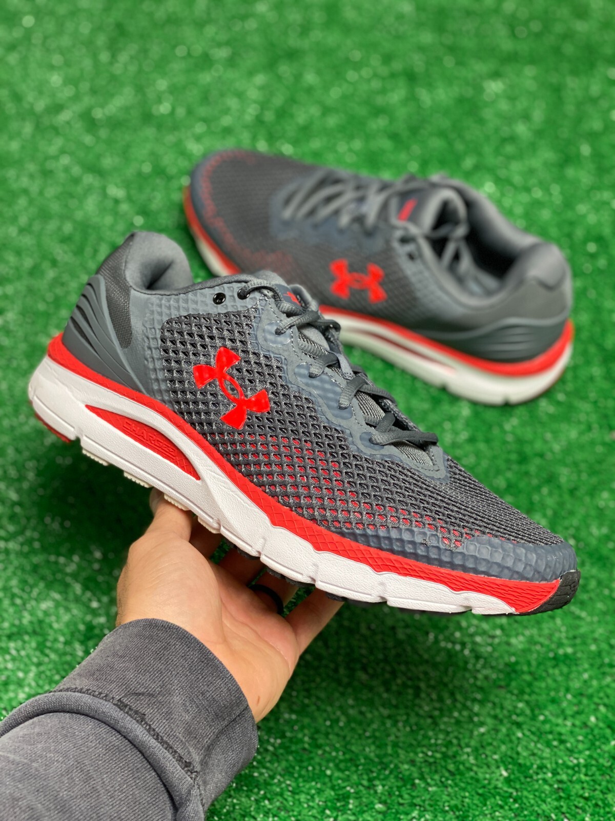 Size 11.5 Under Armour Charged Intake 5 Pitch Grey Red for sale