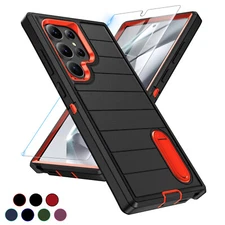 For Samsung S24 Ultra S24+ Rugged Hard PC Stand Case with Glass Screen Protector