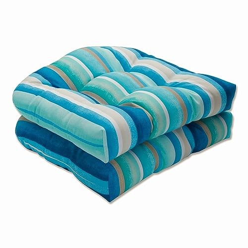 Stripe Indoor/Outdoor Chair Seat Cushion, Tufted, 19" x 19" Blue/Tan Dina - Picture 2 of 8