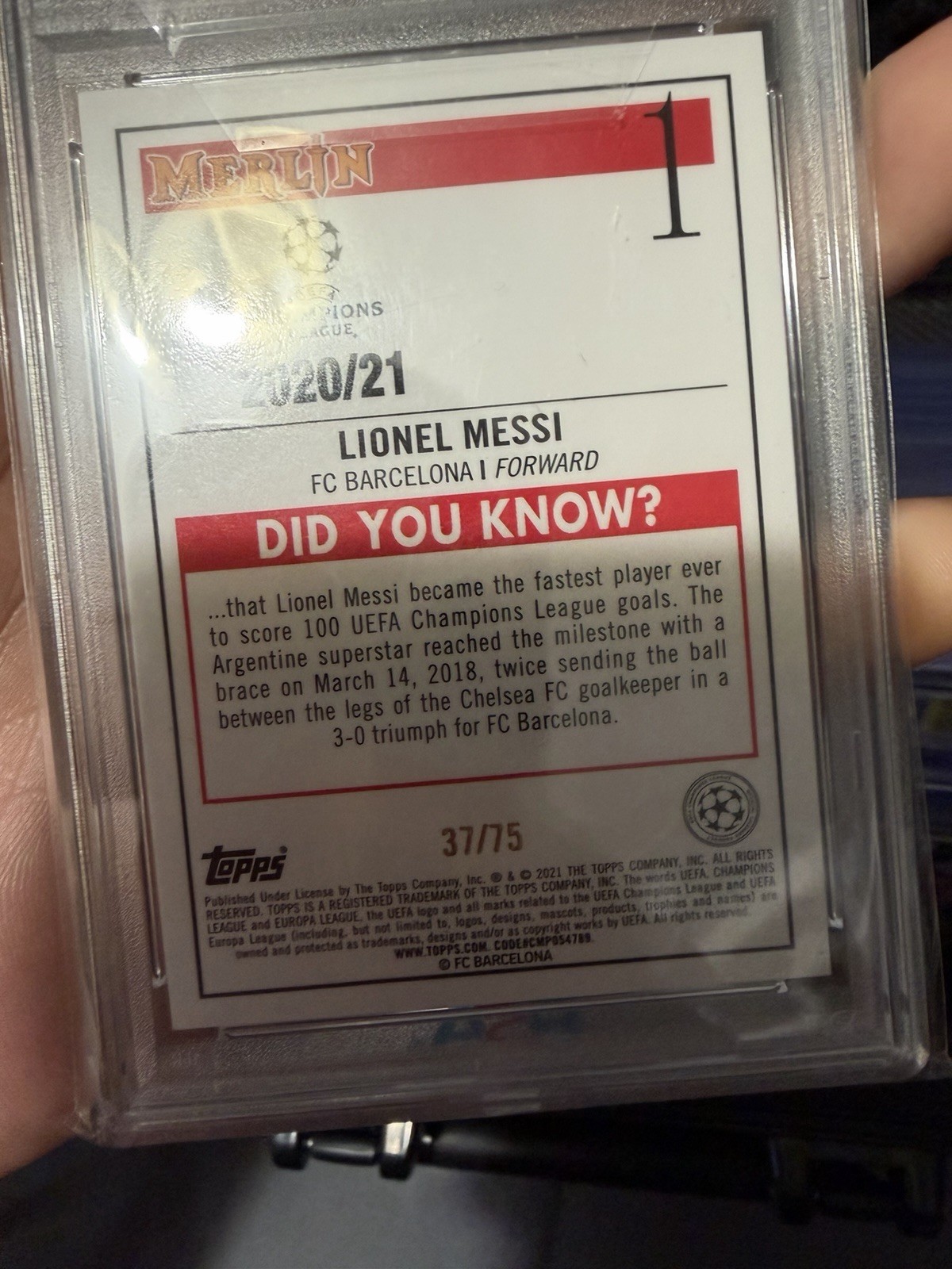 Topps 2020-21 Merlin Chrome UCL Lionel Messi #1 Blue Shimmer /75 PSA 8 view 2