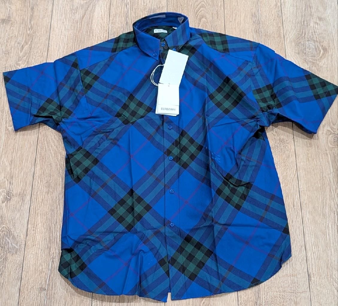 $910 Mens BURBERRY Check Pattern SS Button Up Shirt Blue/Green Large
