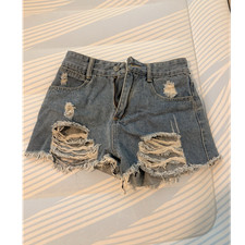 Women's Blue Denim Distressed Cut-Off Shorts Size S Regular 5-Pocket Zip