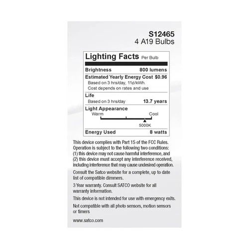 8W A19 LED - Clear - 5000K - Medium Base - 120V - 4-PACK - Picture 6 of 7