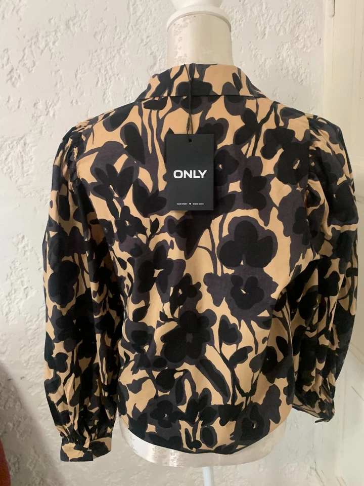 Blouse / chemisier ONLY beige et noir taille S neuve manches bouffantes - Photo 4/4