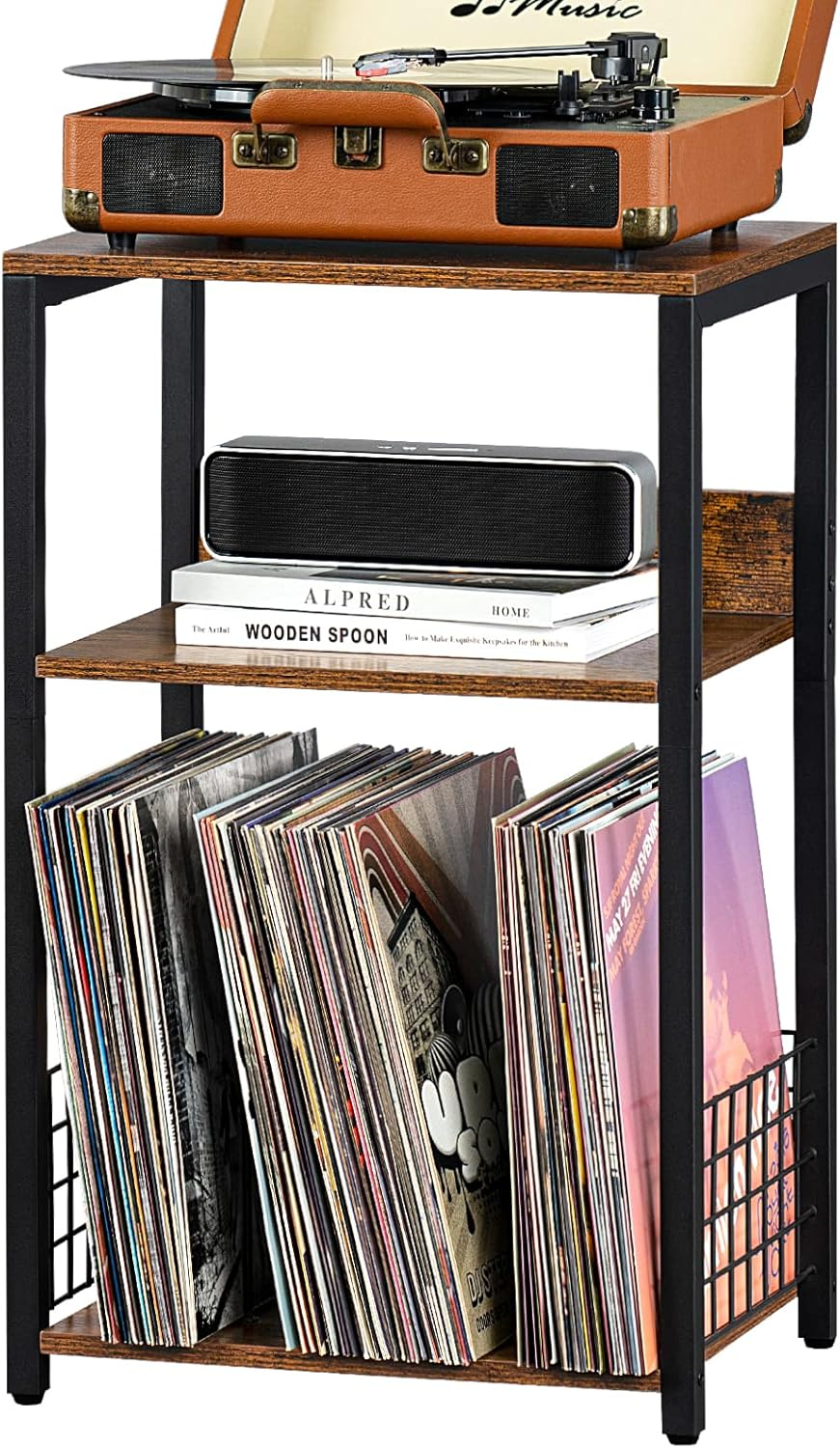 3-Tier Brown Turntable Stand with Storage for 100 Vinyl Records-image