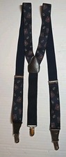 Pelican USA Navy Suspenders Blue Paisley Adjustable Brass Leather Clips Stretchy