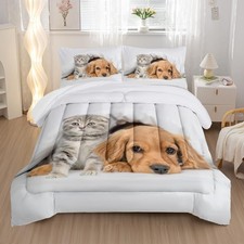Nttopship Kids 3D Dog Cat Comforter Set 3 Piece Queen Size 2 Pillowcases