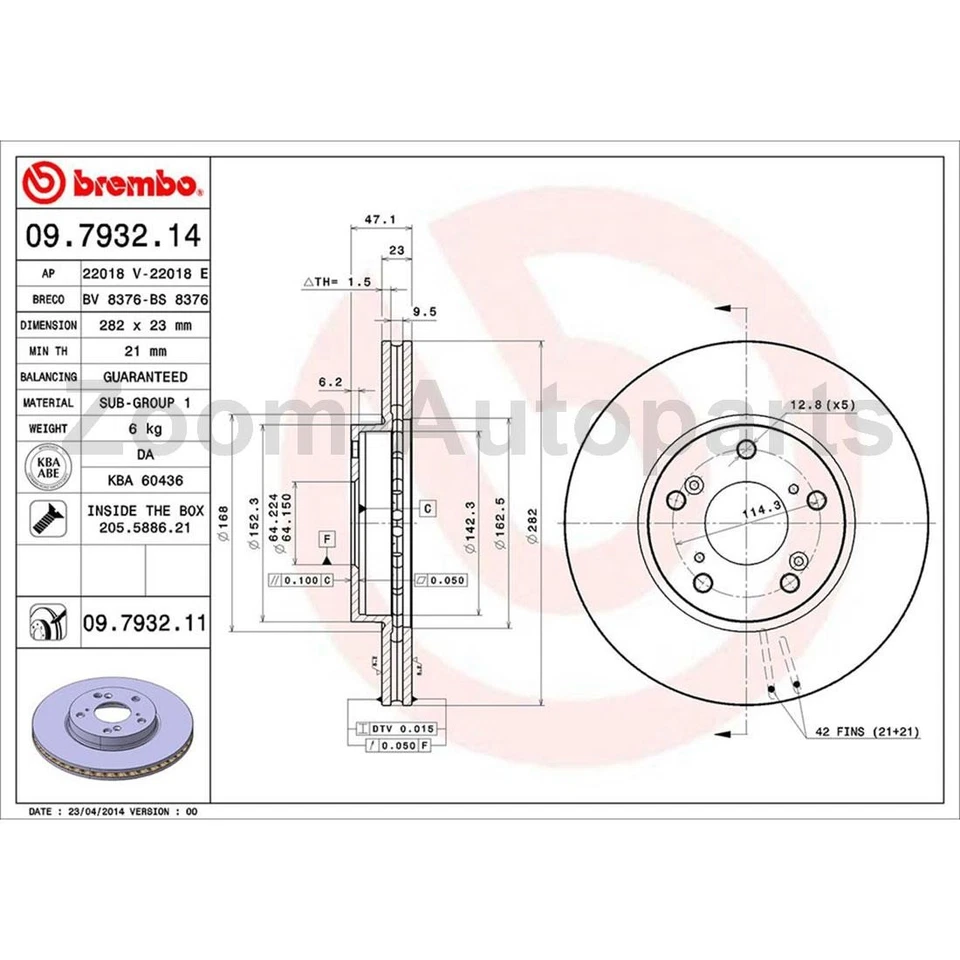 Rotores de freio dianteiro traseiro Brembo OE para 2005-2009 2010 2011 2012 Honda Accord - Imagem 2 de 4