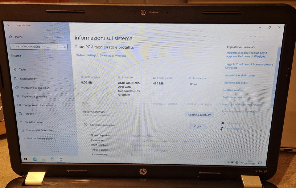 Notebook HP Pavilion G6 usato, amd a8-3520m, ram 8 gb, ssd 120 gb, windows 10 - Immagine 3 di 4