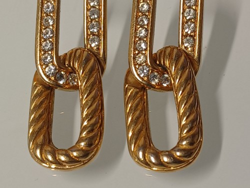 Vintage Swarovski Collection Gold Crystals Paper Clip Link Drop Pierce Earrings - Picture 3 of 8