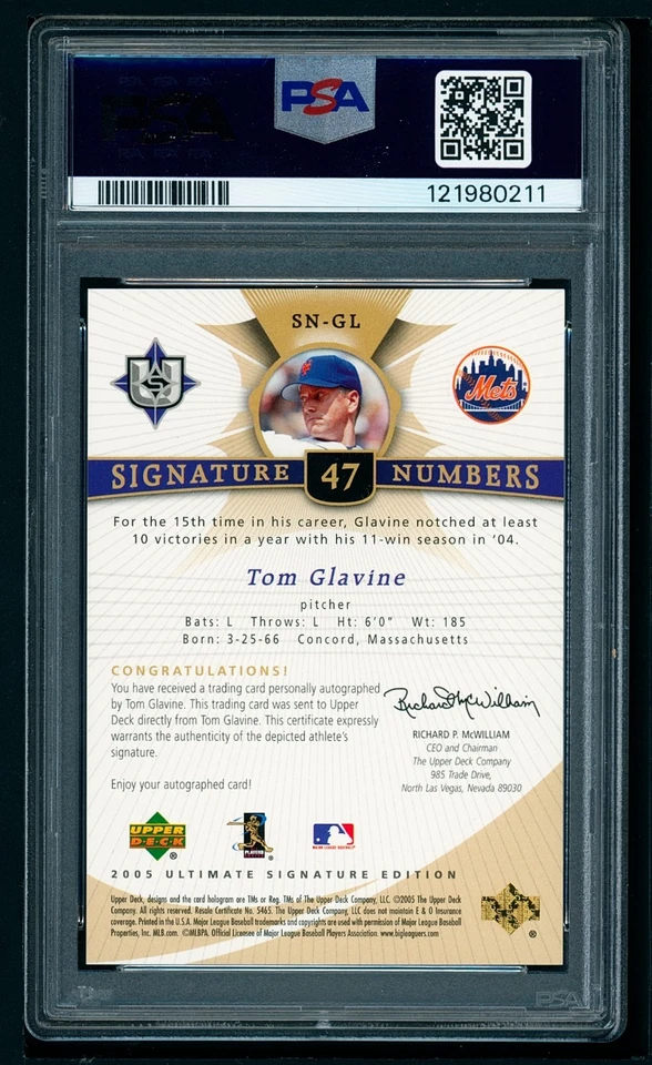 2005 UD Ultimate Signature Ed Uniform Numbers Auto (4/47) Tom Glavine HOF PSA 8 - Image 2 of 3