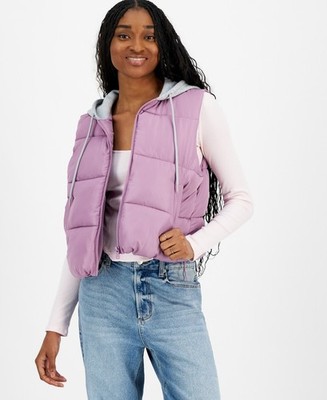 Madden Girl Juniors' Hoodie Puffer Vest - Valerian/Light Grey - L