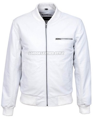 New Tommy 80''s Men's Classic Bomber Fitted Style White Nappa Leather Jacket