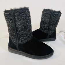 Minnetonka Winter Boots Womens 6 Black Suede Knit Pull On Sheepskin Fur Lined