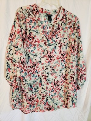 Women's Rue 21 Lattice Shoulder 3/4 Tab Sleeve White Floral Blouse  Sz 1X (H30)