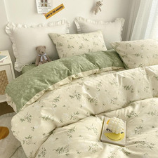 Floral Duvet Cover Full Size Green Romantic Flower Bedding Set 3Pcs Cotton Sprin