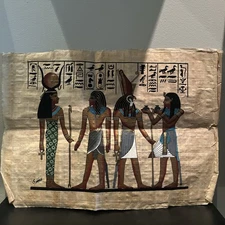 Ancient Egyptian Ritual Scene On Traditional Papyrus Paper with Inscriptions