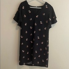 Ann Taylor Tossed Floral Ruffle Sleeve Shift Dress 8 Black Pink Mini V-Neck Poly